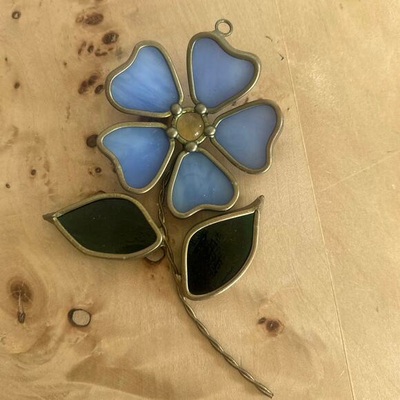 None and/or Unknown Other - Stained Glass Flower Suncatcher – Blue Petals & Green Leaves